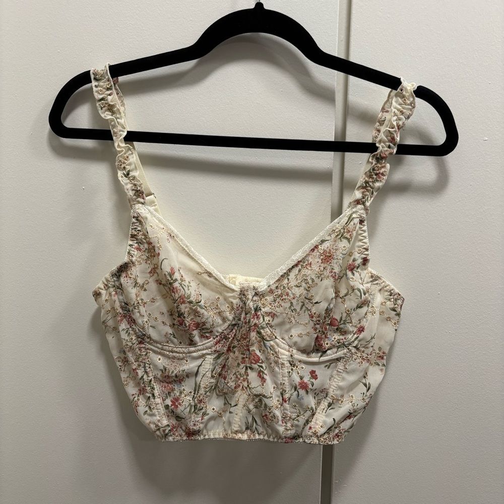 Large White Floral Sheer Bustier Bralette Cottagecore Whimsy Fairy Romantic
